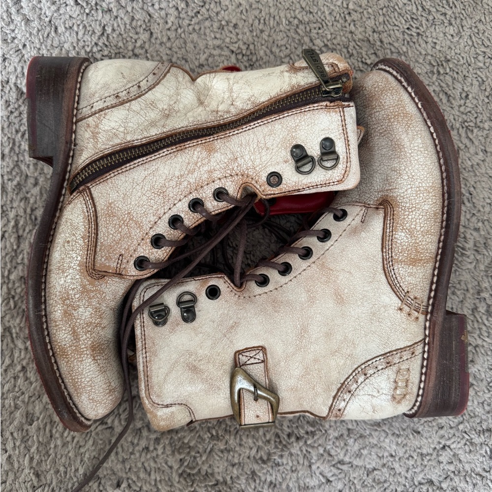 BED|STU Cream Combat Leather Boots